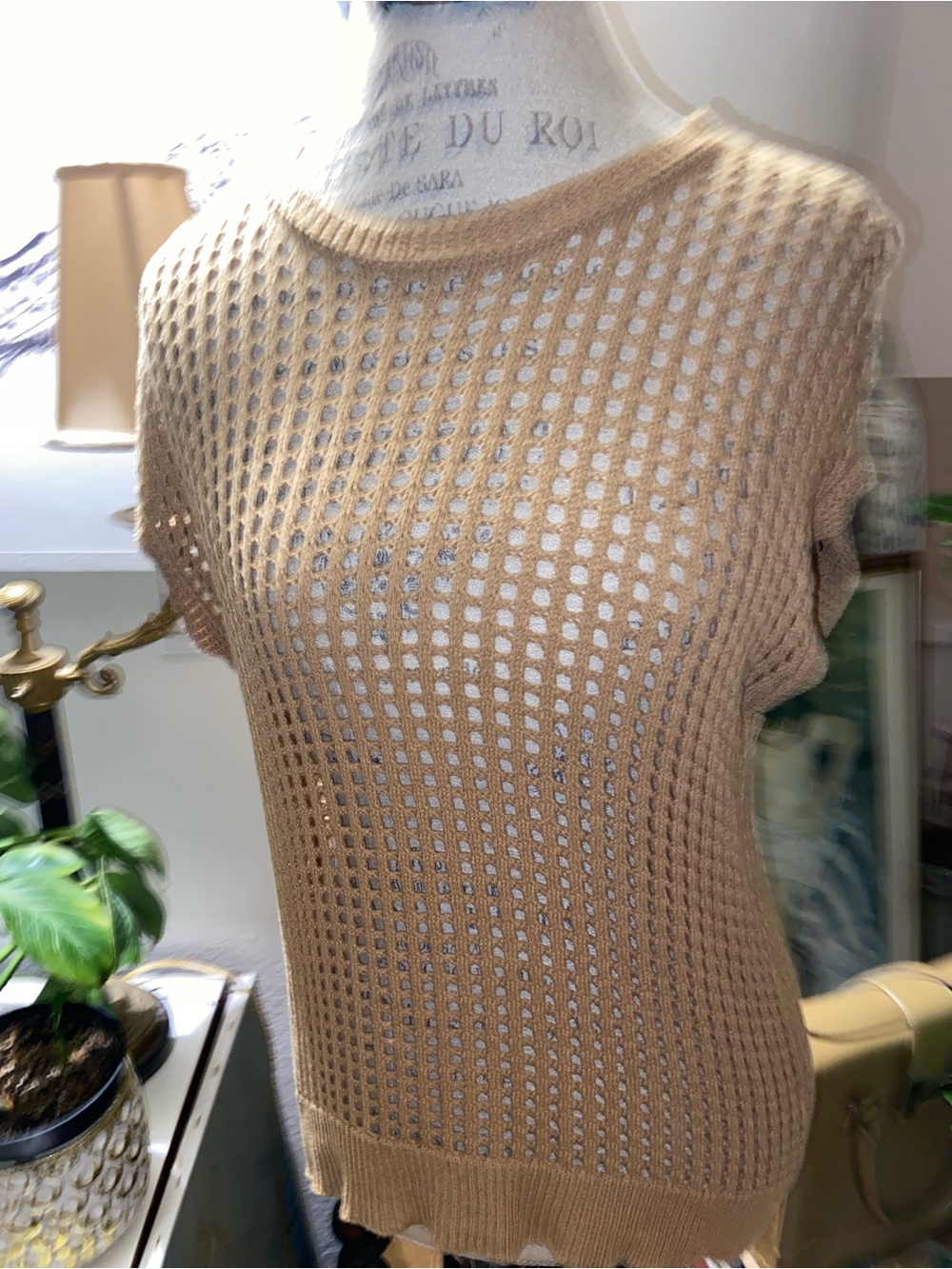 Light Brown Open-Knit Short Sleeve Sweater Top
